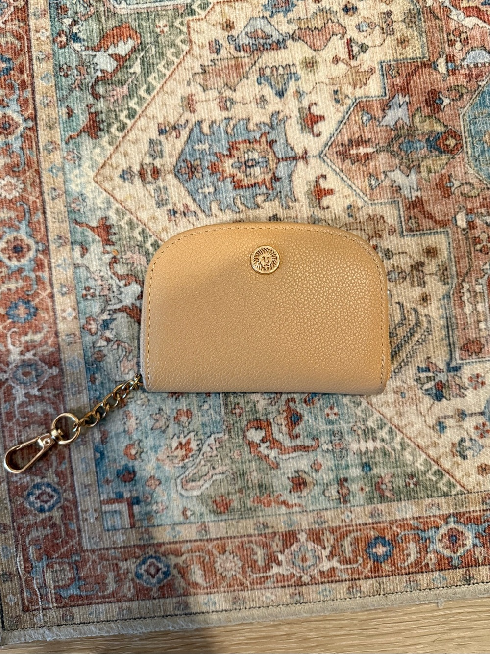 Anne Klein Beige Pebbled Leather Key & Card Holder with Gold Chain